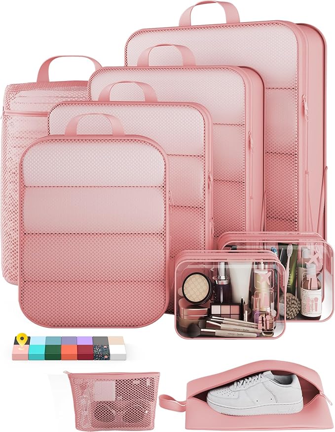 Veken 9/11 Set Compression Packing Cubes for Travel Essentials,Compressible Expandable Large Luggage Suitcase Organizer Bags for Clothing,Durable Space Saver Storage Bags with Toiletry Bags(Pink)