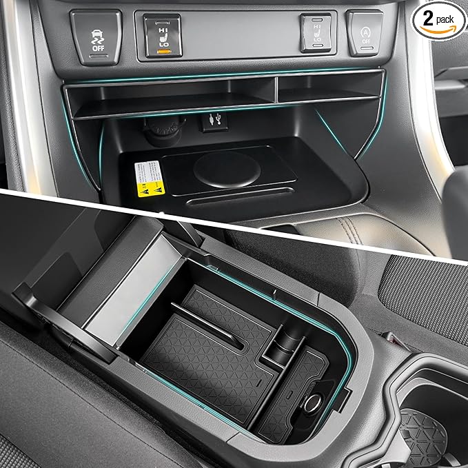 2PCS Center Console Organizer Tray Compatible with 2019-2025 Toyota RAV4 & Prime Accessories, ABS Material Insert Gear Shift Divider Slot & Armrest Storage Box for RAV-4 Interior Accessories