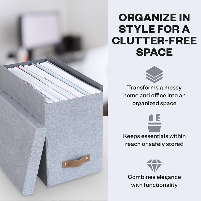 Bigso John File Box - File Storage Box and File Organizer for Important Paperwork - Durable Hanging File Box with Lid and Leather Handle - 7.36 in x 13.26 in x 10.51 in - Ash