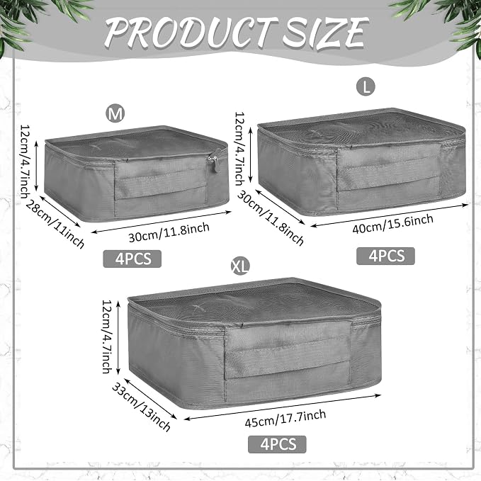 Silkfly 12 Pcs Packing Cubes for Suitcase Travel Luggage Bags Bulk Mesh Organizer Set for Hiking Camping Backpacking Clothes Accessories (Gray,XL, L, M Size)