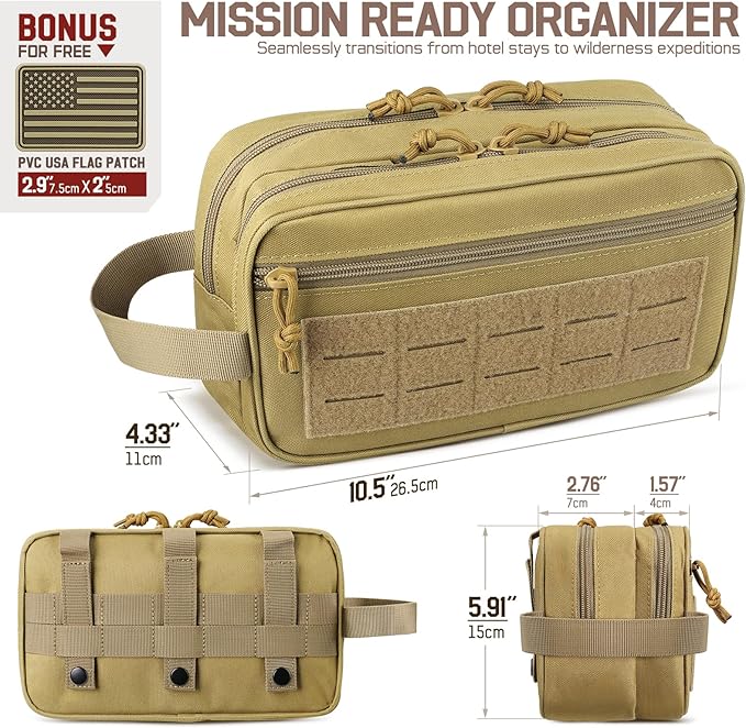 RXW EDC Toiletry Bag for Men, Tactical Dopp Kit, Molle Pouches Compact Travel Organizer for Shaving Shower, Hygiene, Grooming (Includes Dry/Wet Compartment & US Flag Patch)