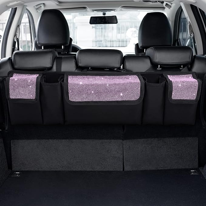 eing Car Trunk Organizer and Storage, Backseat Hanging Organizer for SUV, Truck, MPV, Waterproof, Collapsible Cargo Storage Bag with 5 Pockets, Bling Car Interior Accessories for Women,Pink