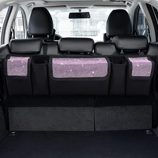 eing Car Trunk Organizer and Storage, Backseat Hanging Organizer for SUV, Truck, MPV, Waterproof, Collapsible Cargo Storage Bag with 5 Pockets, Bling Car Interior Accessories for Women,Pink