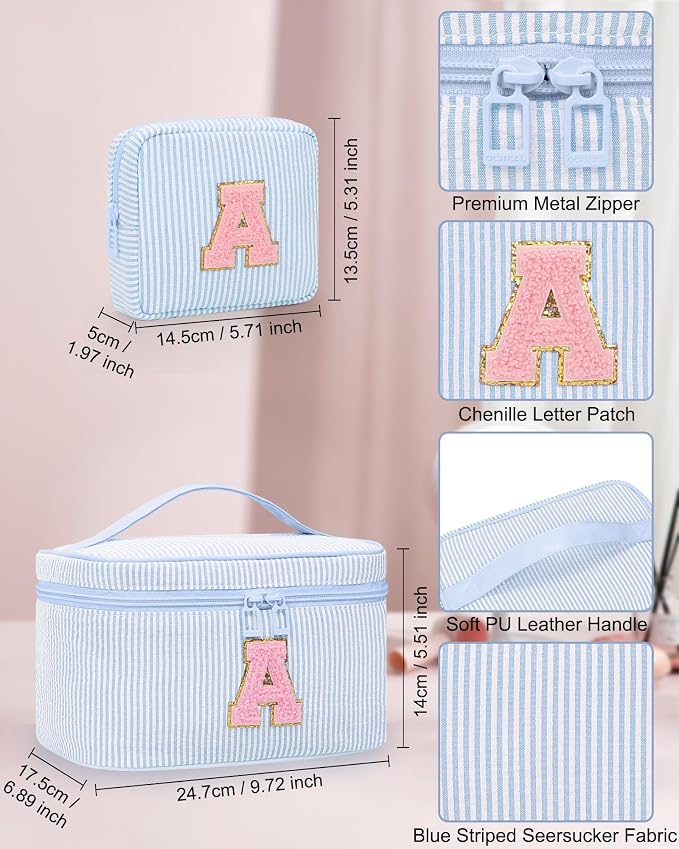 MONSTINA Initial Makeup Bag,Monogram Pouch Easter Basket Gifts for Teens,Personalized Cosmetic Bag for Girls&Women,Cute Letter Make Up Bag,Blue A