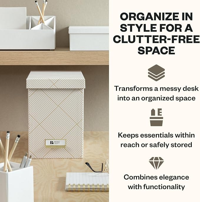 Bigso John Fiberboard Label Frame Desktop File Storage Box - Document Organizer for Important Paperwork - Durable Hanging File Box with Lid & Metal Label Window - 7.36 x 13.38 x 10.51in - Gold Squares