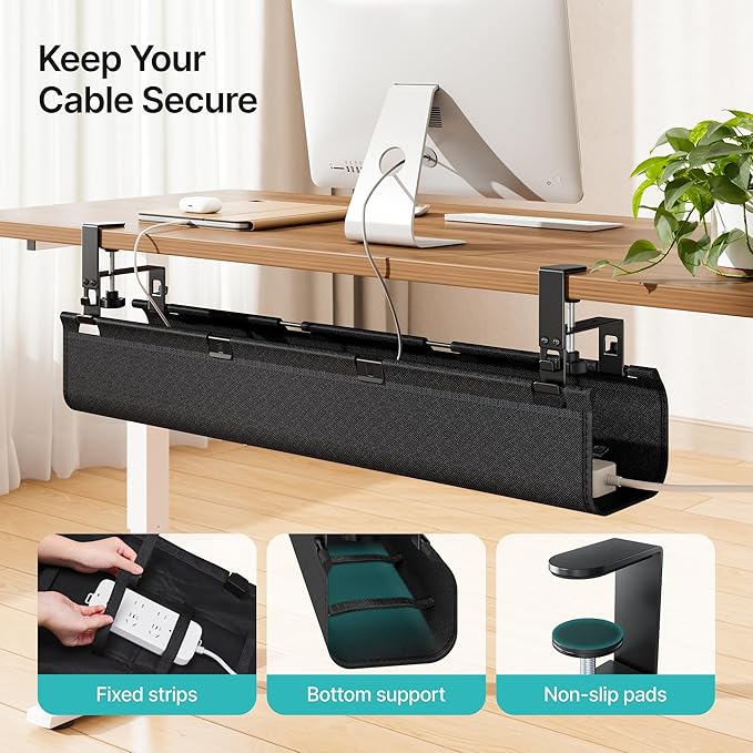 No Drill Under Desk Cable Management Tray, 31.5" Cord Management Under Desk for Table, Clamp Mount Desk Cable Management, Premium Fabric Wire Management Tray for Office, Home