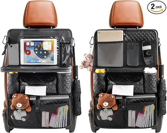 Car Backseat Organizers 2-Pack with Foldable Tray - PU Leather Back Seat Car Organizers with 11 Storage Pockets, Tablet Holders, Kick Mats Protectors for Kids Family Travel Essentials (Black)