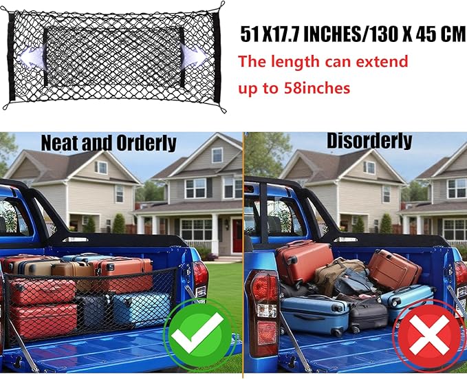 ZMD Truck Bed Cargo Net Elastic Trunk Stretchable Tailgate Nets Automotive Organizer and Storage Truck Storage Neting with Hook for Cars Pickup SUVs Trucks Vant (51x18 Inch)