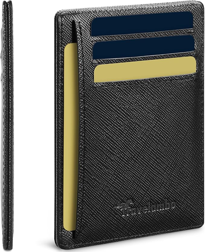 Travelambo 100% Genuine Leather Wallet for Men and Women, Slim Minimalist RFID Blocking Front Pocket Credit Card Holder with Gift Box(Cross Black)