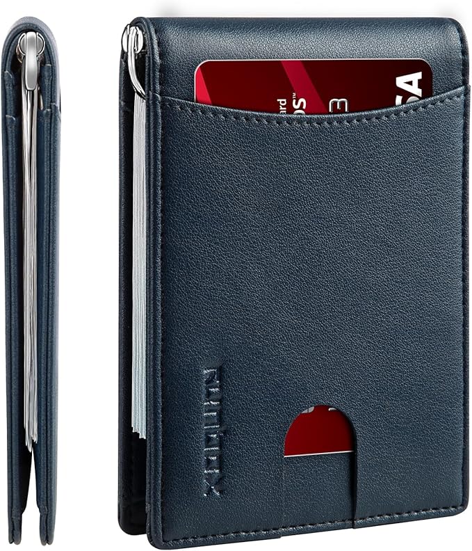 RUNBOX Slim Wallet for Men Genuine Leather RFID Blocking Bifold Minimalist Front Pocket Mens Wallet with Money Clip Thin Gift Box