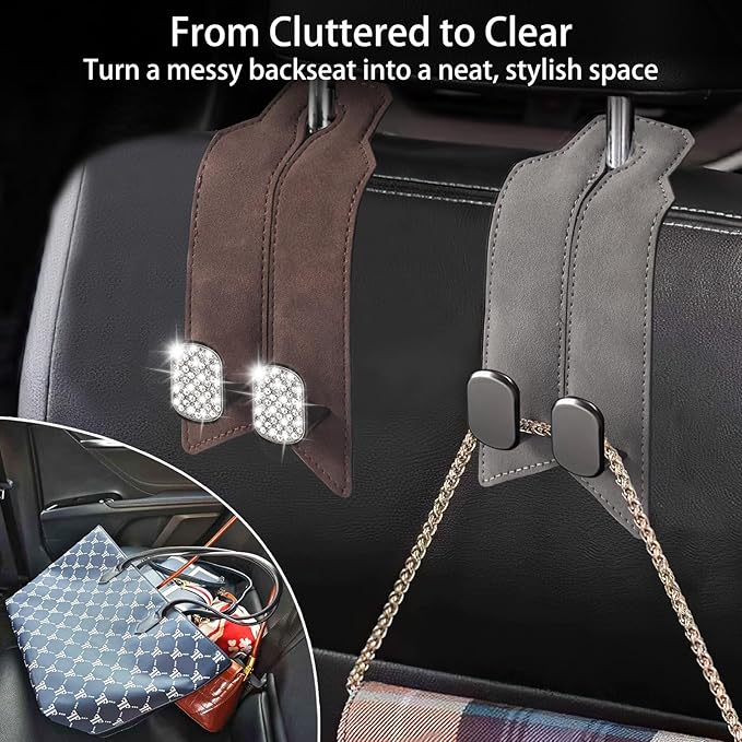 2Pcs Car Headrest Hooks with Premium Leather, Upgraded Double Metal Hooks with Anti-Drop Design, Universal Back Seat Hanger for Bags, Coats, Purses and Groceries (Classic Gray)