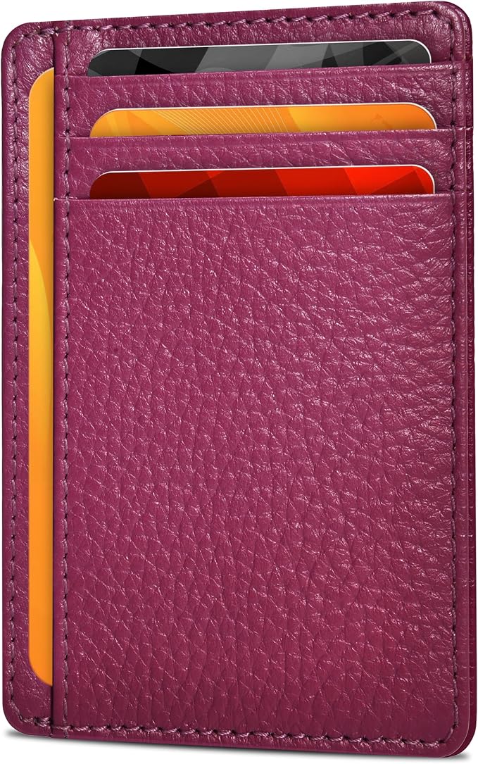 Oak Leathers Leather Slim Minimalist Wallet for Men & Women RFID Front Pocket Leather Card Holder Wallets (Dark Pink)