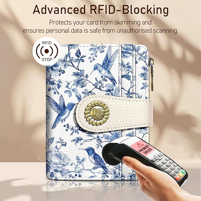 Kelvoris Bird Small Rfid Women Wallet Bifold Zipper Coin Pocket PU Leather Compact Cash Credit Card Holder Travel Wallet for Female Ladies Teen Girls 1 ID Window 10 Card Slots