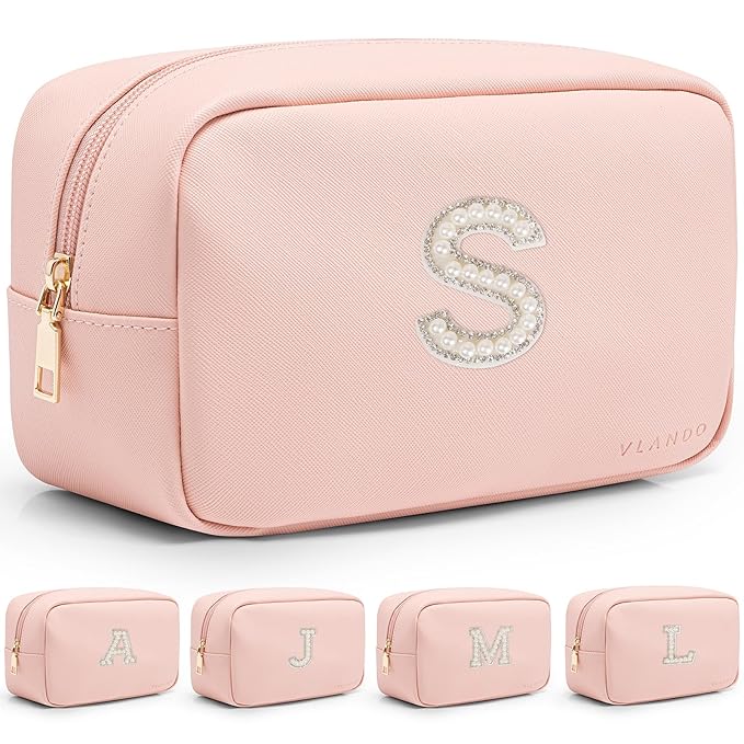 VLANDO Bridesmaid Proposal Gifts Travel Makeup Bag Organzier Personalized Gifts for Women, Teen Girl Gifts Trendy Stuff, Teenage Girl Gifts, Initial Cosmetic Bag Letter S