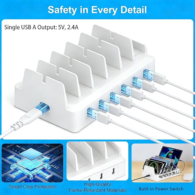 Charging Station for Multiple Devices, 6 Port USB Desktop Charger Dock Compatible with iPad, Samsung, Android, Tablet, Family Multi Phone Charging Organizer with Divider Holders, Fireproof ABS (White)