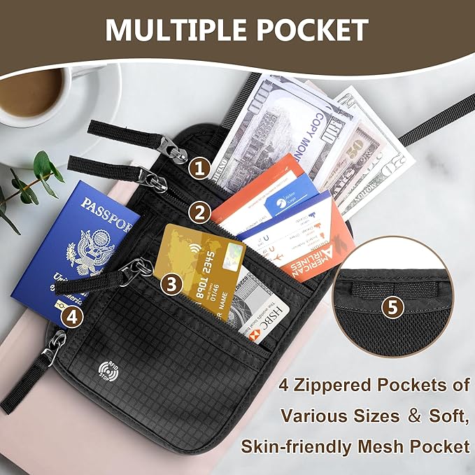 Likesing 5.5" L x 7.8" W Travel Neck Wallet, RFID Blocking Passport Holder for Travel Women Men, Security Lightweight Passport Travel Wallet, Neck Pouch Gifts for Traveling Family (Black)