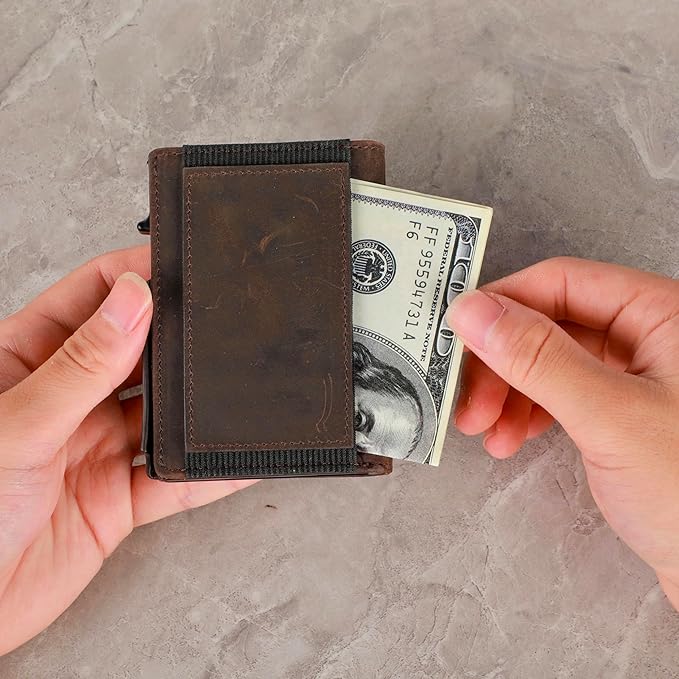 Minimalist Pop Up Wallet for Men | RFID Blocking Credit Card Holder Wallet with Money Clip | Mens Wallet Slim Bifold Front Pocket Metal Case with Gift Box (Genuine Full Grain Soft Leather)
