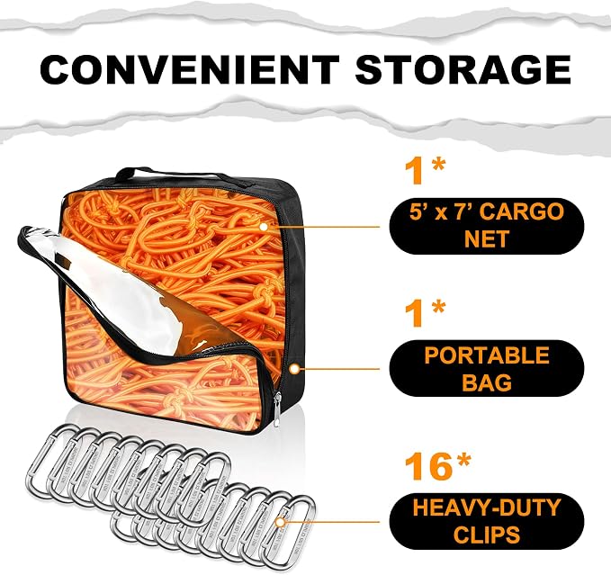 Seven Sparta 5’ x 7’ Bungee Cargo Net Stretches to 10' x 14' for Truck Bed, Pickup Bed, Trailer, Trunk, SUV with 16 Bonus D Clip Carabiners Car Organizer Net for Large Loads (Orange, 5'x7')