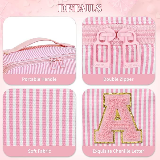 Initial Makeup Bag, Personalized Cosmetic Bag, 2Pcs Large Capacity Make Up Bag for Women, Open Flat Make up Cosmetic Organizer with Handle,Portable Make Up Organizer Pouch for Women - D