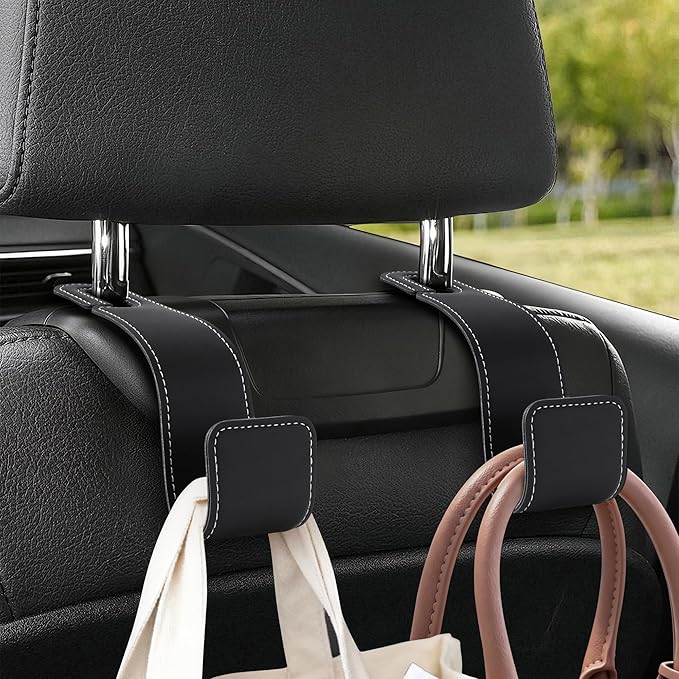 Leather Car Purse Hooks with Larger Strap Holder Purse Hook Purse Holder for car car seat Back Hooks Automotive seat Back Organizer headrest Hooks for Bags and Purse (Black, 2pcs)