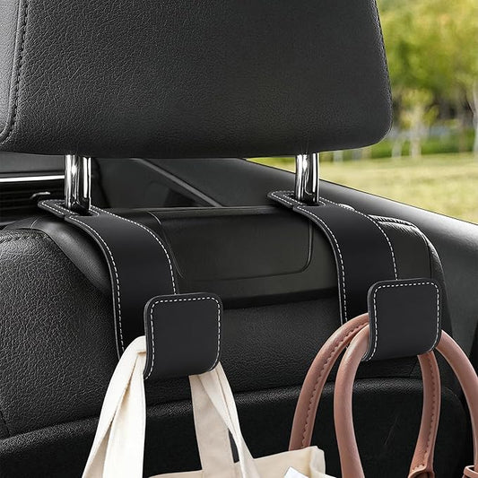 Leather Car Purse Hooks with Larger Strap Holder Purse Hook Purse Holder for car car seat Back Hooks Automotive seat Back Organizer headrest Hooks for Bags and Purse (Black, 2pcs)