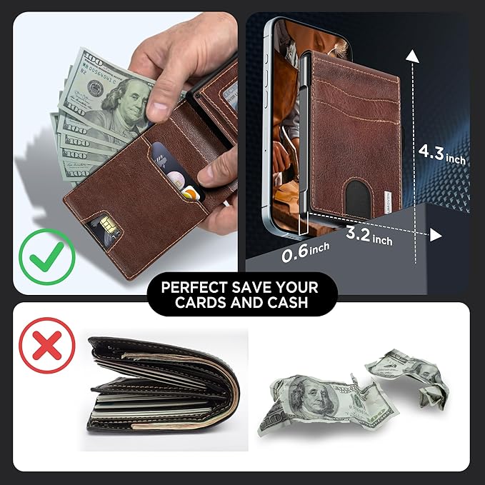 umoven Wallet for Men - Pop Up Case, Cash Slot, and Credit Card Slot - Slim Aluminum Wallet with RFID Blocking, Minimalist Leather Wallet Front Pocket with ID Window (Brown Red)