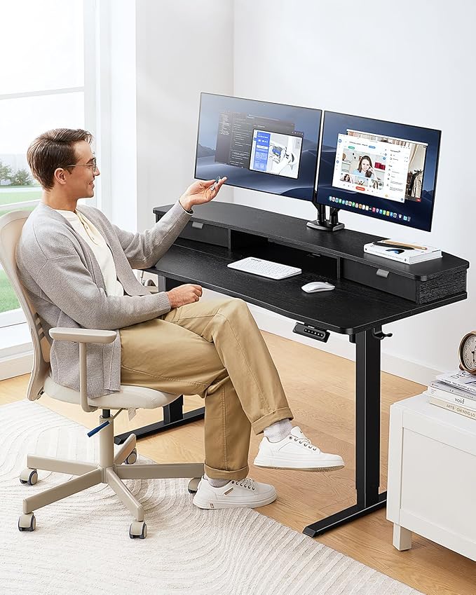 HUANUO 48″ x 28″ Electric Standing Desk with 2 Drawers, C-Clamp Mount Compatible, Height Adjustable Computer Desk, Home Office Stand Up Desk with 4 Preset Heights & 2 Hooks, Black