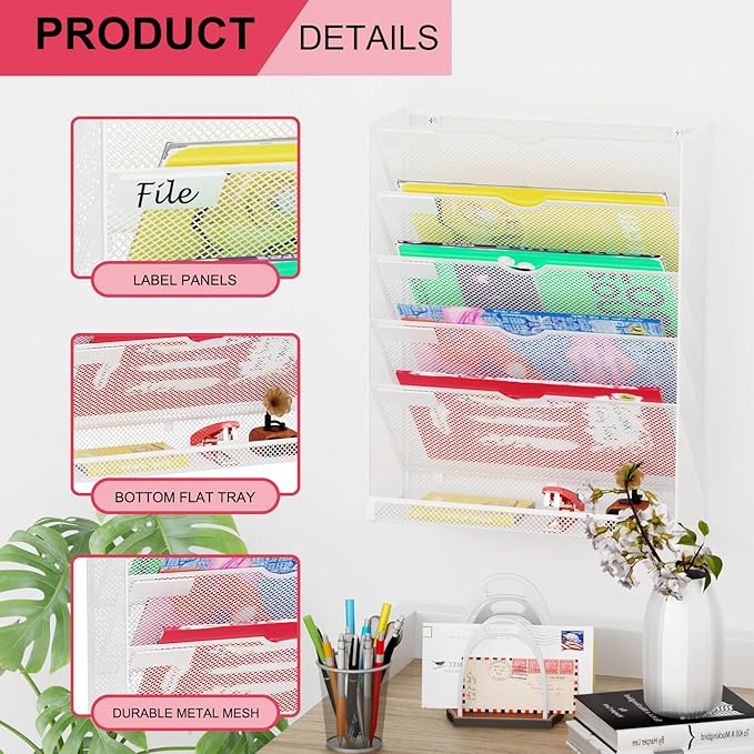 Hanging Wall File Organizer 6 Tier Wall Mounted File Holder Document Wall Organizer Magazine Organization for Office Home, White