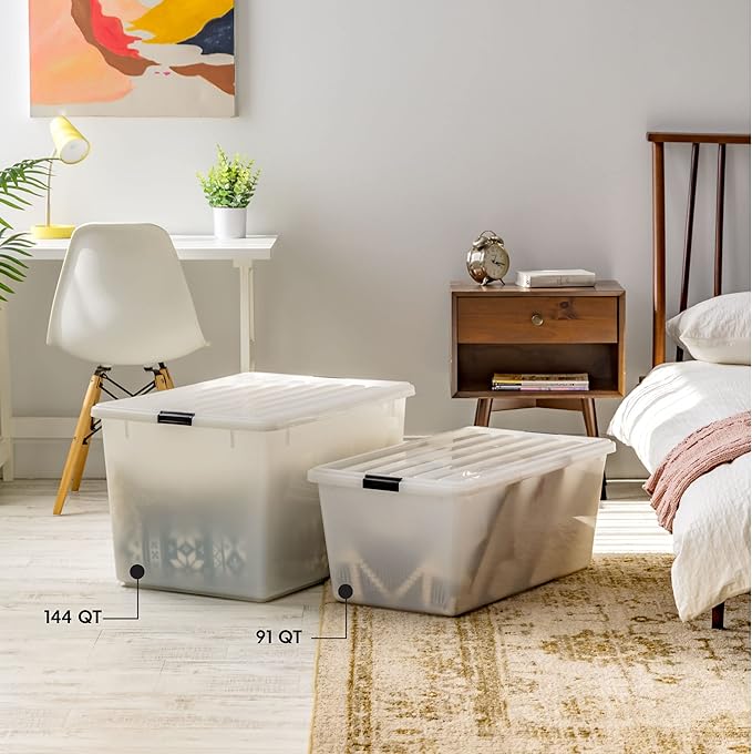 IRIS USA 144 Qt Stackable Plastic Storage Bins with Lids, 3 Pack - BPA-Free, Discreet Organizing Solution, Latches, Durable Nestable Containers, Secure Pull Handle, Made in USA - Pearl
