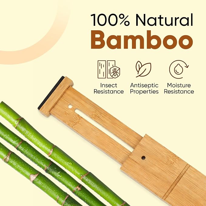 6 Pack Bamboo Drawer Dividers, Adjustable 17–22 Inch Expandable Drawer Organizer for Kitchen, Dresser & Closet, Bamboo Kitchen Drawer Organizer, Drawer Divider Set with 12 Inserts