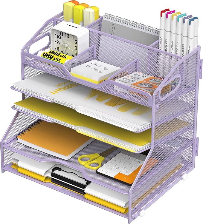 YINGHUA 5 Tier Paper Tray Letter Organizer with Top 6 Adjustable Compartments - Paper Sorter Office Desktop Accessories with Handles for Document,Mail,School Supplies Storage,Purple