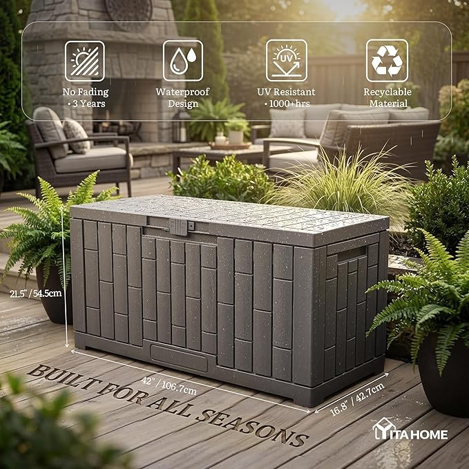 YITAHOME 60 Gallon Outdoor Storage Box, Waterproof Resin Deck Box with Slide-Locking Lid, Patio Storage Bin and Bench Seat for Patio Furniture, Garden Tools and Pool Accessories, Light Brown