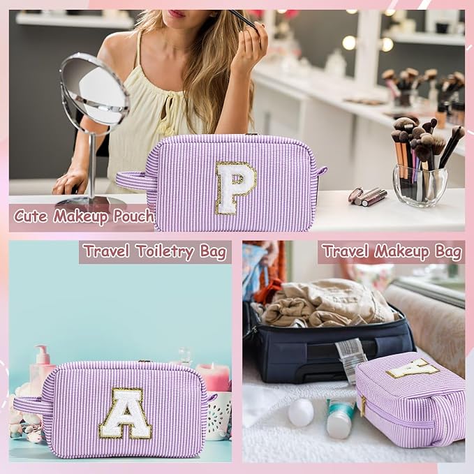 YOOLIFE Birthday Gifts for 6 7 8 9 10 11 12 13 14 15 Year Old Teen Girl - Initial Makeup Bag Letter Toiletry Pouch Cosmetic Case, Personalized Teen Girl Gifts Trendy Stuff, Purple C