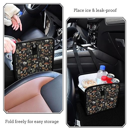 Mushrooms Car Trash Can Vintage Flower Butterfly Dragonfly Foldable Hanging Car Trash Bag Bin Auto Garbage Can Leak-Proof Car Organizer(Large)