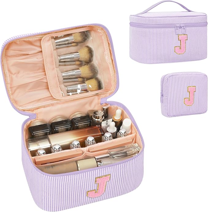 MONSTINA Initial Makeup Bag with Brush Holder and Divider,Birthday Gifts for 4 5 6 7 8 9 10 11 12 Year Old Girls, Personalized Preppy Cosmetic Bag |Cute Toiletry Bag,2PCS,Purple J