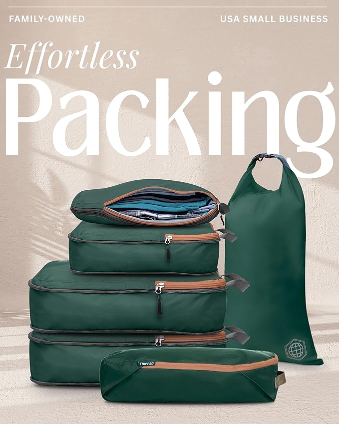 Compression Packing Cubes for Travel, 6-Piece Lightweight Packing Cubes Set for Carry-On Luggage & Backpacks – TRIPPED Travel Gear (Green and Brown)