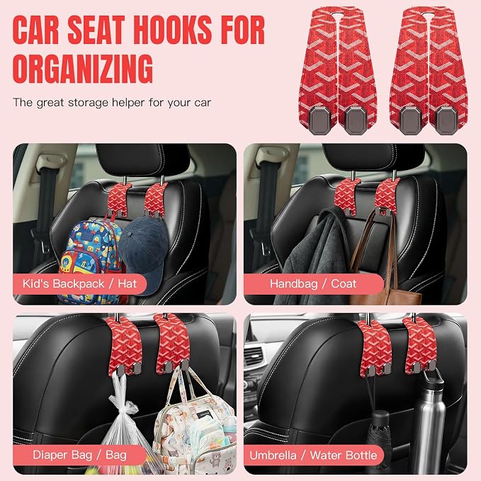 2PCS Car Hooks for Headrest, Faux Leather Purse Hook for Car Seat Back Organizers and Storage, Double Metal Purse Holder Bag Hanger, Universal Car Interior Accessories for Women Man