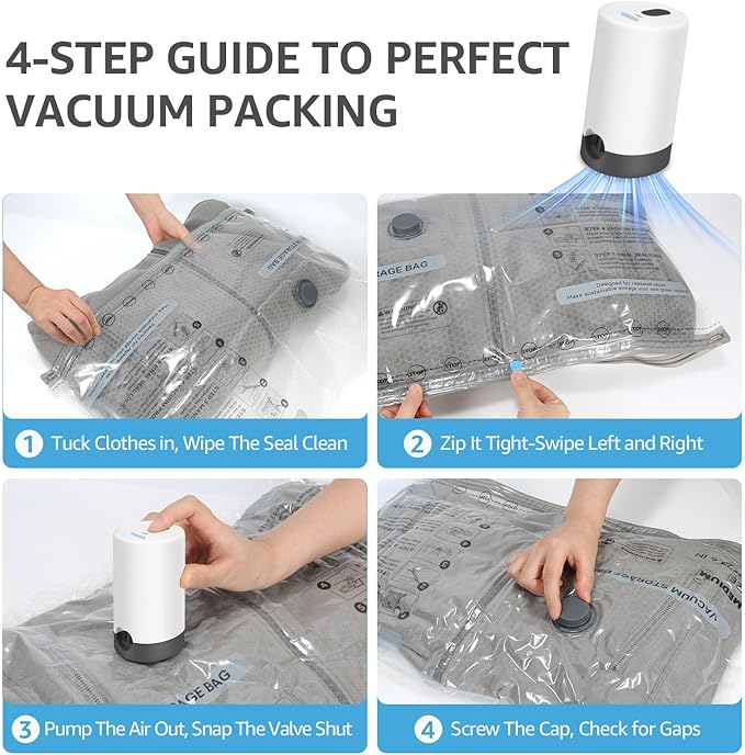 6 Packs Vacuum Bags for Travel with Rechargeable Pump, 3 Sizes Vacuum Seal Bags for Clothing, Compression Vacuum Travel Bags for Luggage, Vacuum Packing Bags for Closet Organization