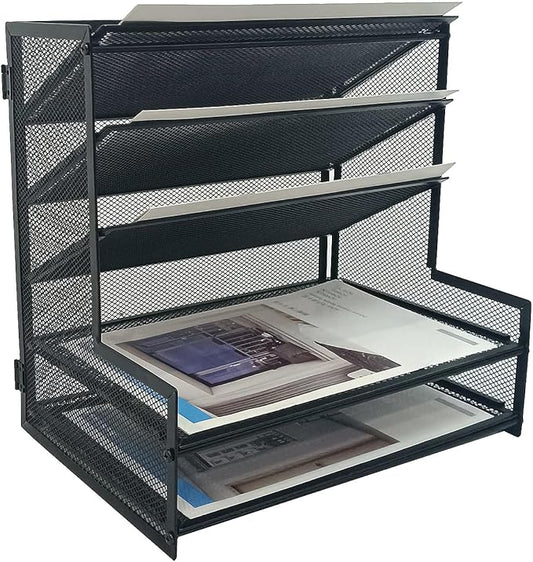 SETTFRFE Metal Desktop File Holder Organizer with 5 Tier Paper Tray, Office Supplies Desk Organizer, Black
