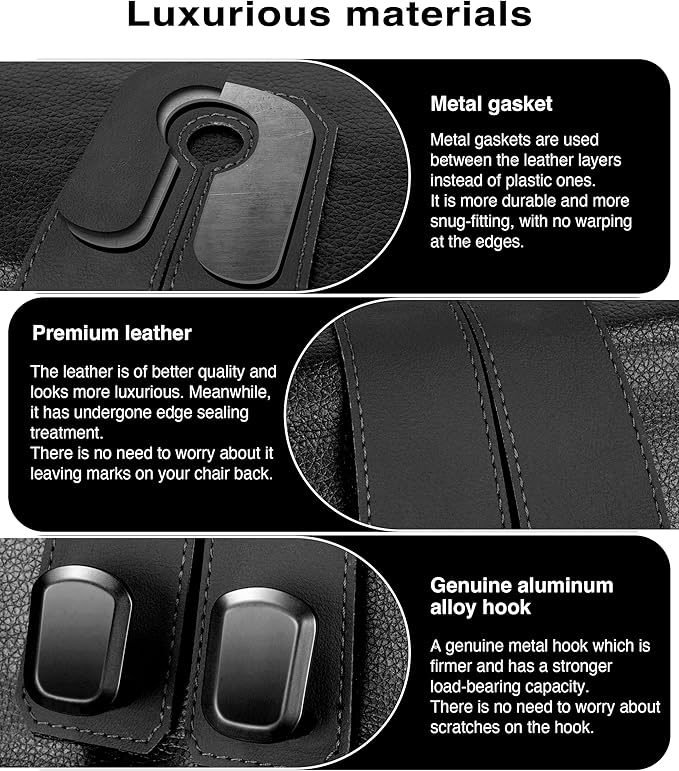 Car Hooks for Headrest, 2Pcs Seat Back Storage Hook Luxurious Leather 100% Metal Multifunctional Car Hanger & Holder for Heatrest, Seat, Bag, Purse (Black)