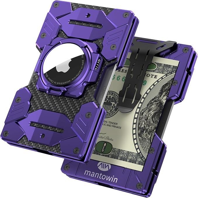 Minimalist Wallet for Men with AirTag Holder, Credit Card Holder RFID Blocking Wallet, Small Aluminum Metal Wallets with Money Clip (Purple)