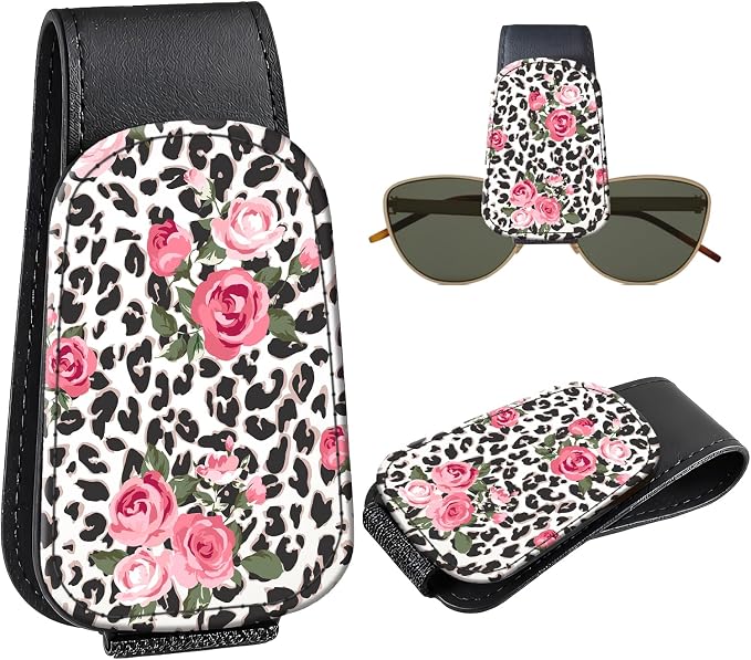 Leather Magnetic Sunglass Holder for Car Sun Visor, Cute Eyeglass Ticket Card Hanger Clip, Universal Auto Interior Accessories for SUV Pickup Truck, Rose Leopard