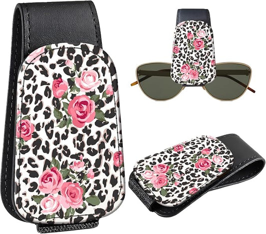 Leather Magnetic Sunglass Holder for Car Sun Visor, Cute Eyeglass Ticket Card Hanger Clip, Universal Auto Interior Accessories for SUV Pickup Truck, Rose Leopard
