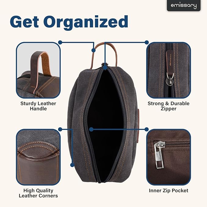emissary Men's Canvas Travel Toiletry Bag, Leather Dopp Kit - Gray | Durable canvas & PU leather, water-resistant lining, side handle; roomy men's Dopp kit for travel & gym