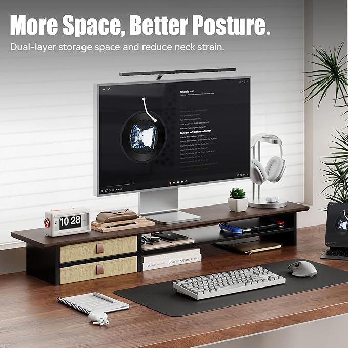 FENSULN Dual?‘Tier Monitor Stand Riser with Drawers, Desktop Organizer Shelf Storage for Computer Screen 2 Monitors, Supports for PC Computer Monitor, Printer, Heavy TV Riser Brown and Black