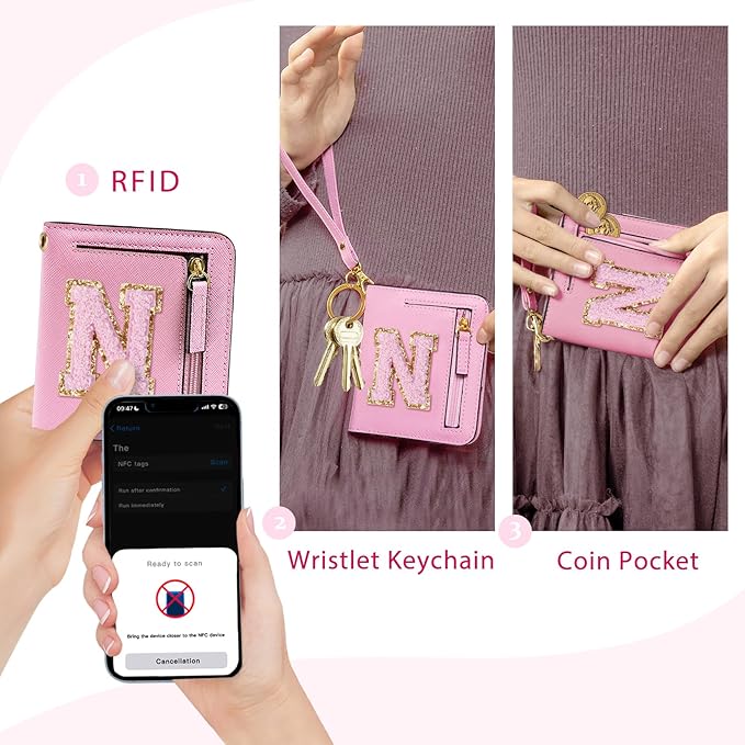 COSHAYSOO Preppy Wallet Gifts for Teen Girls Women Small Wallet RFID Bifold PU Leather Christmas Valentines Easter Mothers Fathers Day Nurse Appreciation Graduation Gifts Chenille Letter N Pink