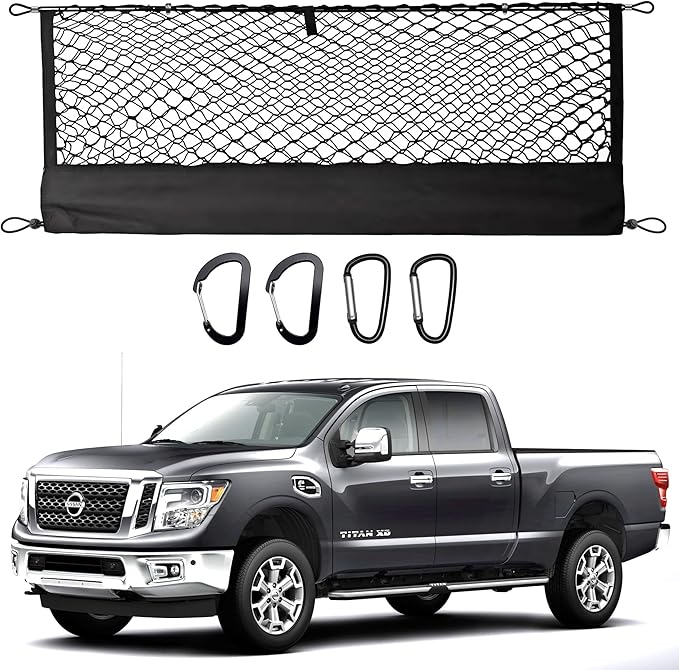 Envelope Style Truck Bed Cargo Net Compatible with Nissan Titan 2017-2023 2024 2025,Highly Elastic Truck Cargo Net for Titan Accessories, Upgraded Storage Bag & Heavy Duty Carabiners