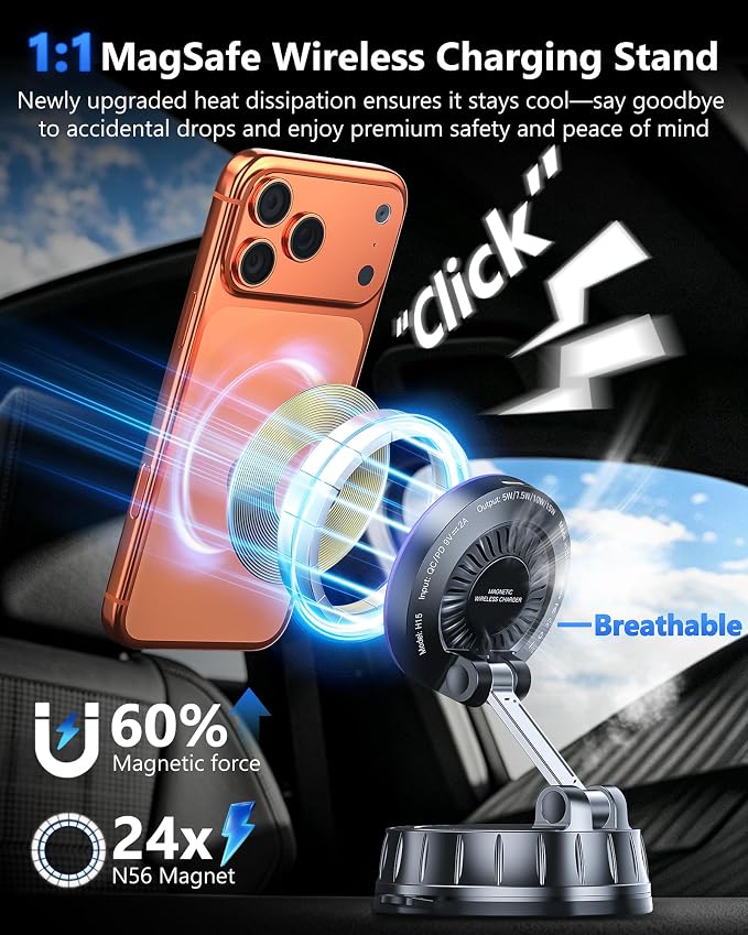 15W MagSafe Car Charger Mount, Magnetic Wireless Car Phone Holder with Dual Input Port, Vacuum Suction & Nano Adhesive Base, 360° Rotation Stable Car Charging Stand for iPhone 12-17, Samsung S26