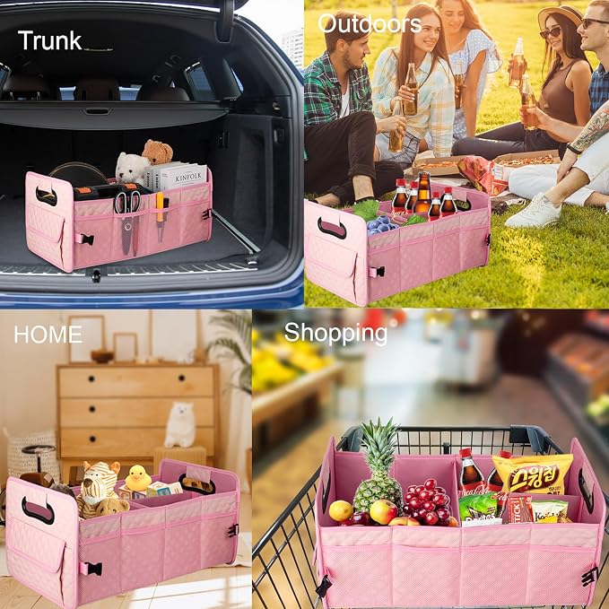 JiatuA Car Trunk Organizer for SUV, Car Storage Organizer Collapsible Multi Compartment Container Box, Adjustable Car Accessories for Women/Men, Large Pink