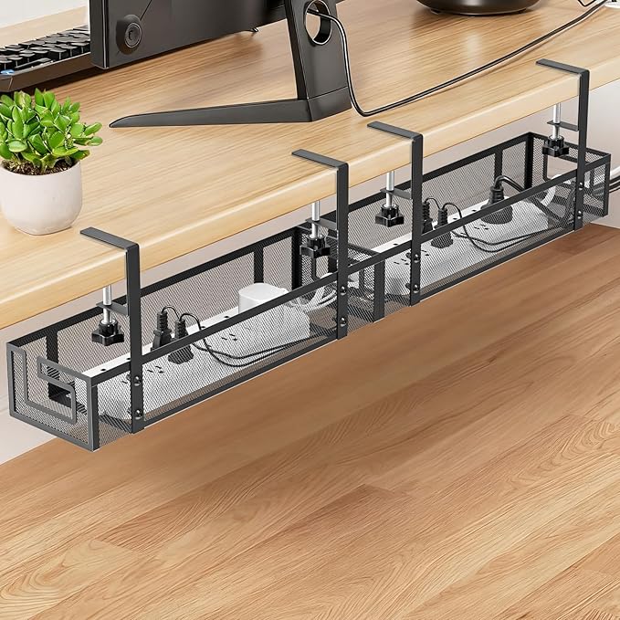 Under Desk Cable Management Tray, GZOKMOG No Drill Cable Management Under Desk, Heavy Duty Metal Cord Organizer, Home Office Wire Management for Gaming/Standing Desk, 2 Pack Black, 15.75 inch